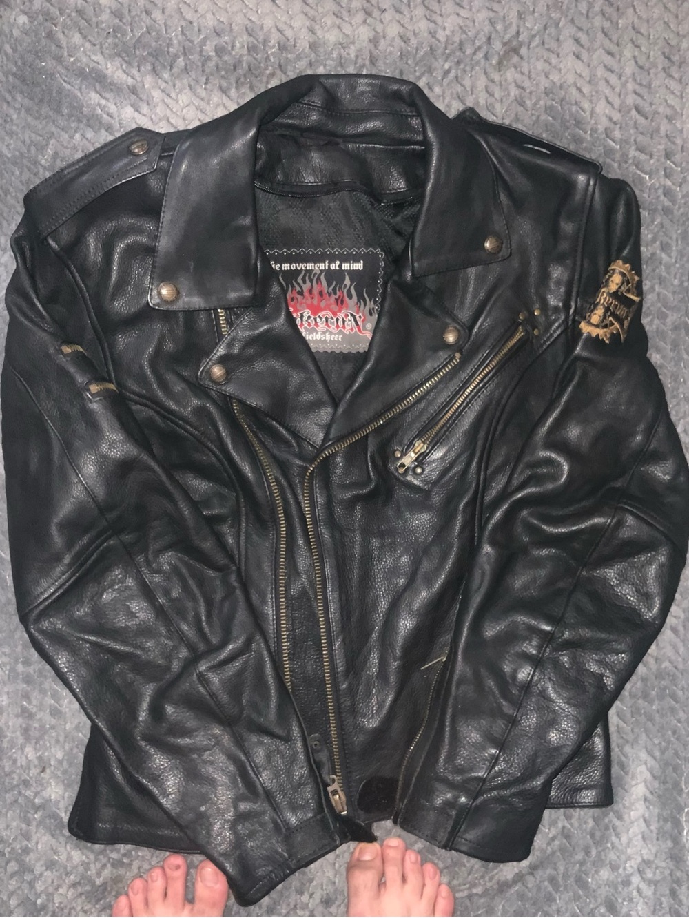 Black Leather Moto Jacket with Embroidered Patch - Unbranded